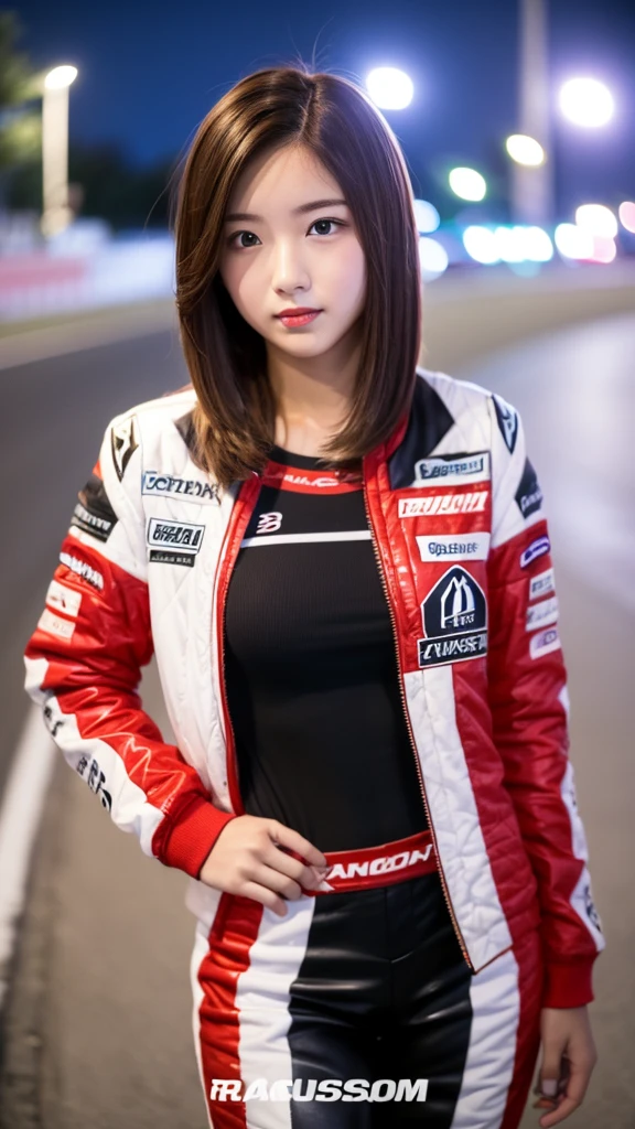 girl 18-year-old Hairstyle Casual, wearing racing suit on race track at night