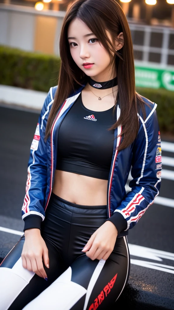  girl 18-year-old Hairstyle Casual,  wearing racing suit on race track at night