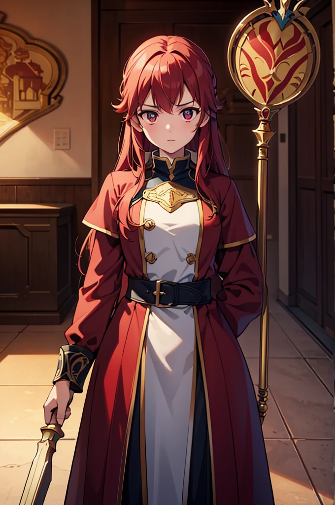 Highest quality, masterpiece, High resolution, alone, （Fire emblem‗ミネルバ），（Fire emblem），Evening sky_background，Young Girl，（red_Hair Color）, 4K, masterpiece,， alone, 1,whole body，looking at the camera, （red_coat）Sharp Eyes，（Long Spear）（Full Finger）, （Accurate fingertips）, （The finer details）, （Anatomically correct）, (映画のbackground), Hyper Detail, (Subtle details), (Intricate details)