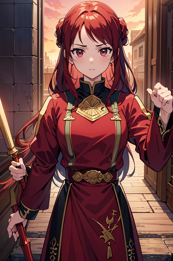 Highest quality, masterpiece, High resolution, alone, (Fire emblem‗ミネルバ),(Fire emblem),Evening sky_background,Young Girl,(red_Hair Color), 4K, masterpiece,, alone, 1,whole body,looking at the camera, (red_coat)Sharp Eyes,(Long Spear)(Full Finger), (Accurate fingertips), (The finer details), (Anatomically correct), (映画のbackground), Hyper Detail, (Subtle details), (Intricate details)