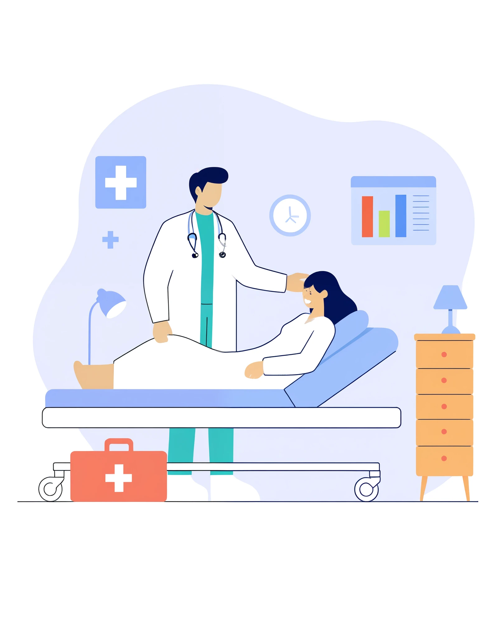 a man in a white coat is standing next to a woman in a Hospital bed, medical doctor, Flat illustration, Hospital background, in Hospital bed, doctor, Hospital room, medical background, Nursing, health care worker, Medical imaging, digital Medical equipment, colorful Medical equipment, Medical equipment, medical illustration, health care, Clean medical environment, Medical drawing, Hospital, Hospital ward,Solid color background(Except white)