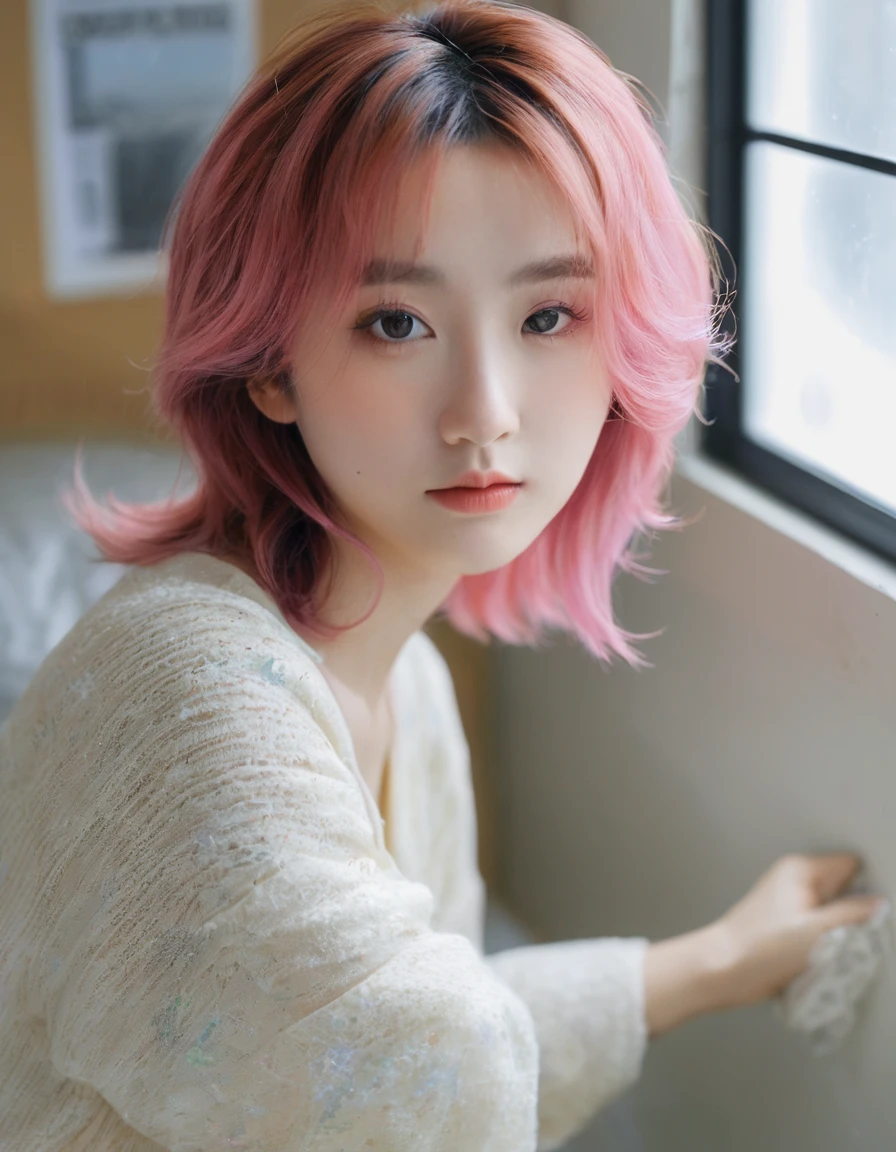 (8k、RAW Photography、Top image quality、masterpiece:1.2)、(realisitic、Photorealsitic:1.37)、Top image quality、超A high resolution、photon maping、Radio City、Physically Based Rendering、1girl、Beautuful Women with long pink hair, messy hair、girl、photographed on a Nikon D850、Nikon AF-S Nikkor 58mm f1.4G lens