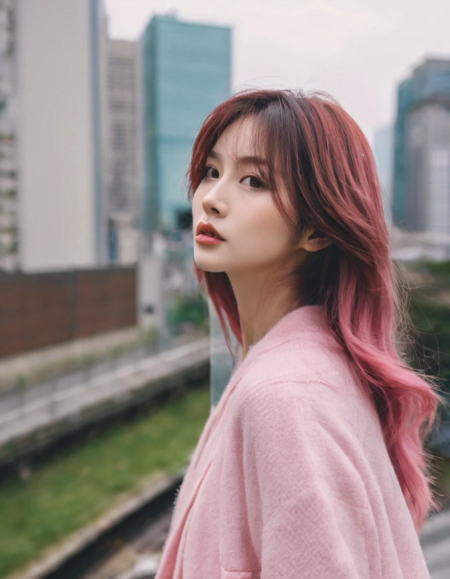 (8k、RAW Photography、Top image quality、masterpiece:1.2)、(realisitic、Photorealsitic:1.37)、Top image quality、超A high resolution、photon maping、Radio City、Physically Based Rendering、1girl、Beautuful Women with long pink hair, messy hair、girl、photographed on a Nikon D850、Nikon AF-S Nikkor 58mm f1.4G lens
