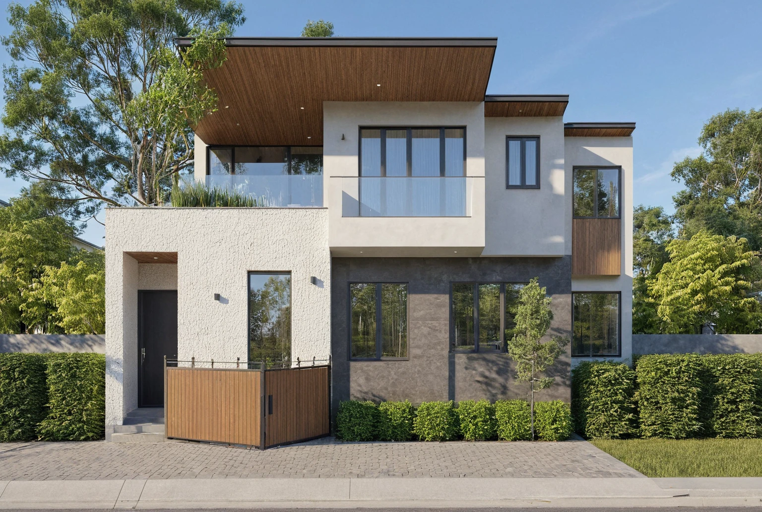 Raw photo,Masterpiece, high quality, best quality, authentic, super detail,
exterior, outdoors, house style modern on the street, glass windows, gate, wooden ceiling,
road,House on the corner of the street, pavement, trees, sky, cloud, (daylight:1.1)