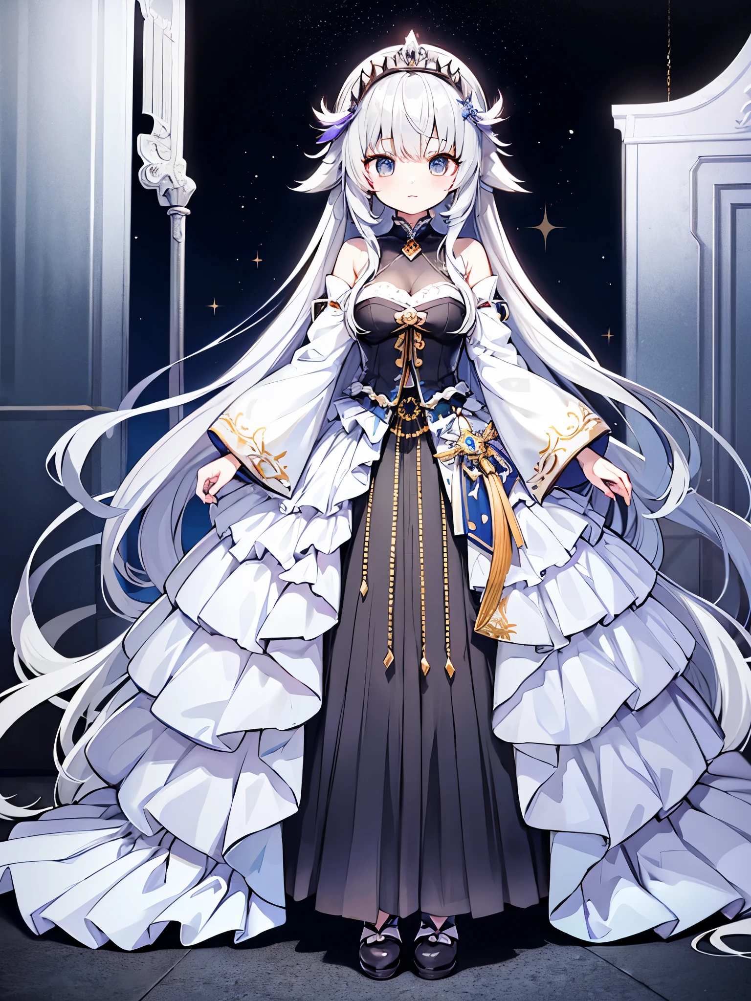 Full-body portrait、Are standing、silver gray hair、Messy hair、Very long hair、Long Hair、Silver-based noble princess outfit、銀色の綺麗なLockの杖を持っている、Lock