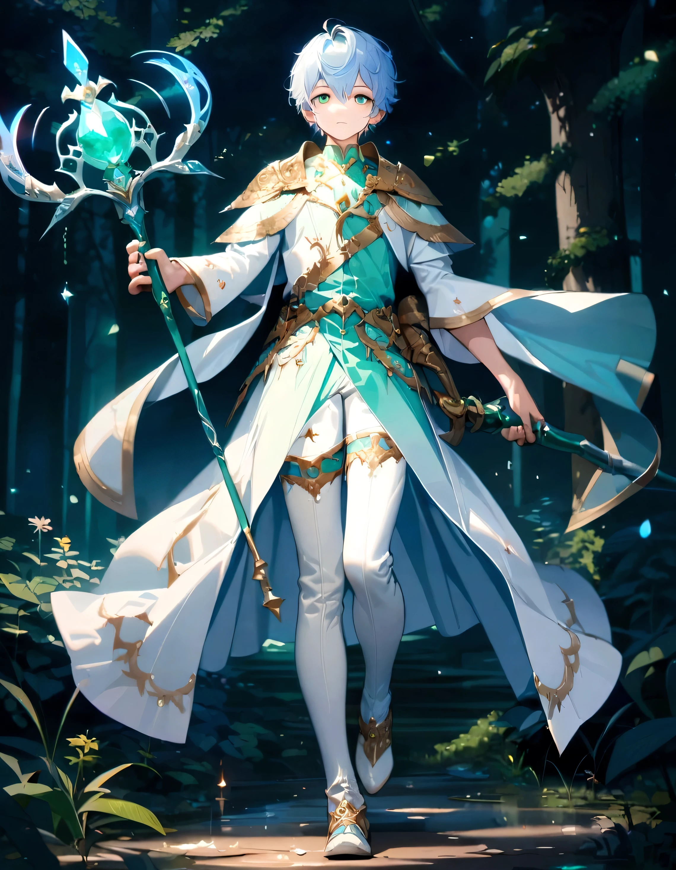 ((Full body)), (a boy), (super detailed), male role, beautiful boy, ((light blue clothes)), ((light blue hair)), ((emerald green eyes)), high quality,(enchanting forests) ,(a staff in hand)
