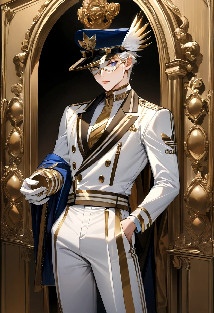 masculine, best quality, work of art,White hair, blue colored eyes,white and gold adidas outfit and white mask, white and gold captain'Hat