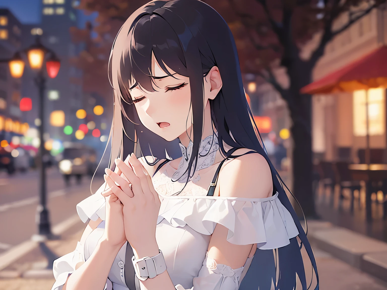 (clasping own hands:1.3),Biologically correct five fingers,Upper Body,Realistic,real person,(pale skin: 1.2),RAW photo,photorealistic,shiny skin,shiny hair,(A 26-year-old woman with straight hair and bangs)and(medium hair)and(black hair)and(closed eyes:1.5),BREAK(white off shoulder blouse)BREAK,(angry:1.5),open mouth,Background is a park at midnight,(night:1.5),Alone,Are standing,side angle