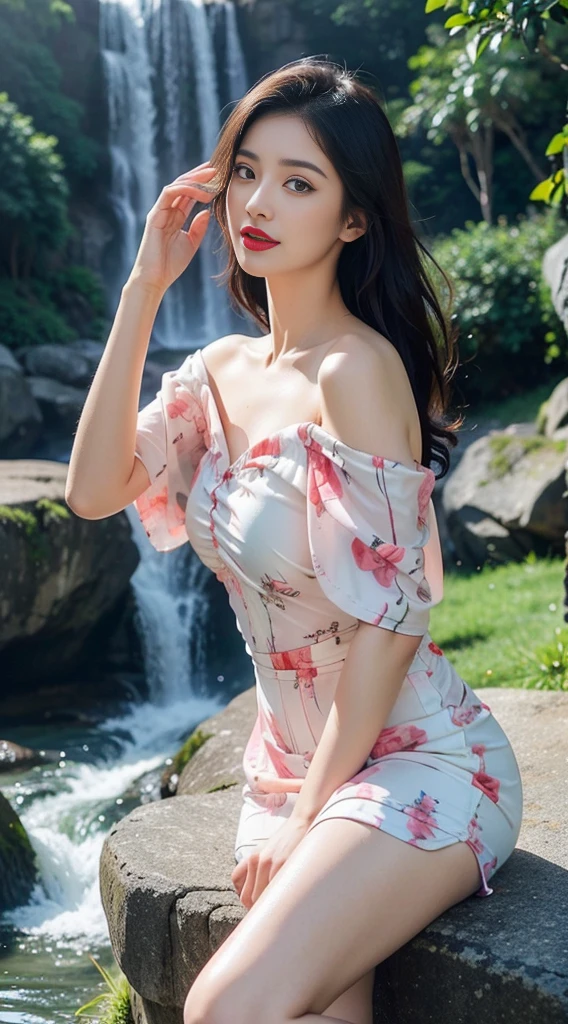 print dress, off shoulder, fashi-girl,red lips,mature female,makeup, makeup, ((cowboy shot)), (best quality, masterpiece:1.2), Sitting, sitting on a rock, ultra-detailed, (realistic:1.37), beautiful, youthful, glamorous model with (detailed eyes, detailed lips, extremely detailed eyes), with white and floral colors, showcasing a radiant smile, slender figure, long legs, creating a breathtaking depiction of a girl enjoying the water,  realistic waterfalls, wet clothes and hair,  radiant sunlight,  lush greenery, refreshing mist, Elegant pose, random pose, random Angle of view, Getting wet under a waterfall, The waterfall fell on her