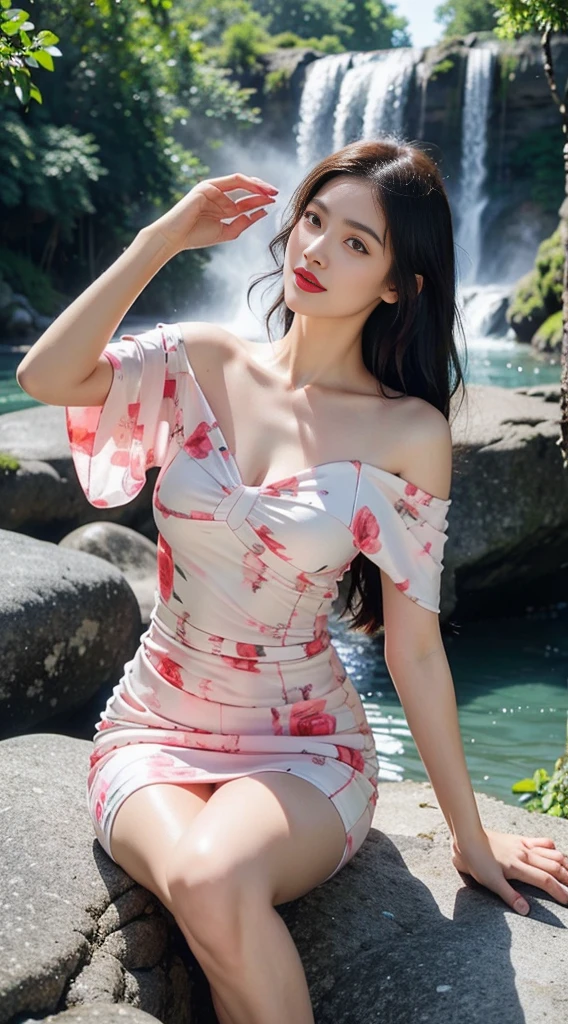 print dress, off shoulder, fashi-girl,red lips,mature female,makeup, makeup, ((cowboy shot)), (best quality, masterpiece:1.2), Sitting, sitting on a rock, ultra-detailed, (realistic:1.37), beautiful, youthful, glamorous model with (detailed eyes, detailed lips, extremely detailed eyes), with white and floral colors, showcasing a radiant smile, slender figure, long legs, creating a breathtaking depiction of a girl enjoying the water,  realistic waterfalls, wet clothes and hair,  radiant sunlight,  lush greenery, refreshing mist, Elegant pose, random pose, random Angle of view, Getting wet under a waterfall, The waterfall fell on her