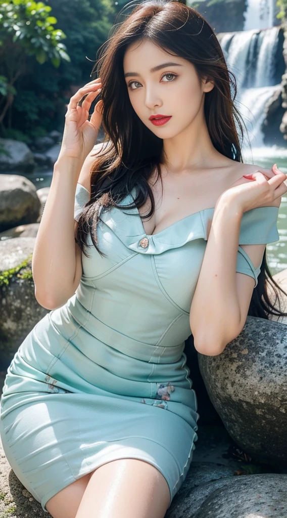 print dress, off shoulder, fashi-girl,red lips,mature female,makeup, makeup, ((cowboy shot)), (best quality, masterpiece:1.2), Sitting, sitting on a rock, ultra-detailed, (realistic:1.37), beautiful, youthful, glamorous model with (detailed eyes, detailed lips, extremely detailed eyes), with white and floral colors, showcasing a radiant smile, slender figure, long legs, creating a breathtaking depiction of a girl enjoying the water,  realistic waterfalls, wet clothes and hair,  radiant sunlight,  lush greenery, refreshing mist, Elegant pose, random pose, random Angle of view, Getting wet under a waterfall, The waterfall fell on her