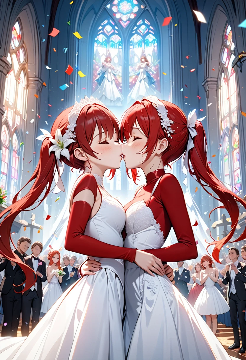 a high quality, high definition, highly detailed two lily girls kissing, red haired twin tailed robot girls with red eyes, one wearing a gorgeous white wedding dress, one wearing a white tuxedo, audience watching, eyes closed, lots of confetti dancing, chapel in the background,cowboy shot, (best quality,4k,8k,highres,masterpiece:1.2),ultra-detailed,cinematic lighting,vibrant colors,intricate details