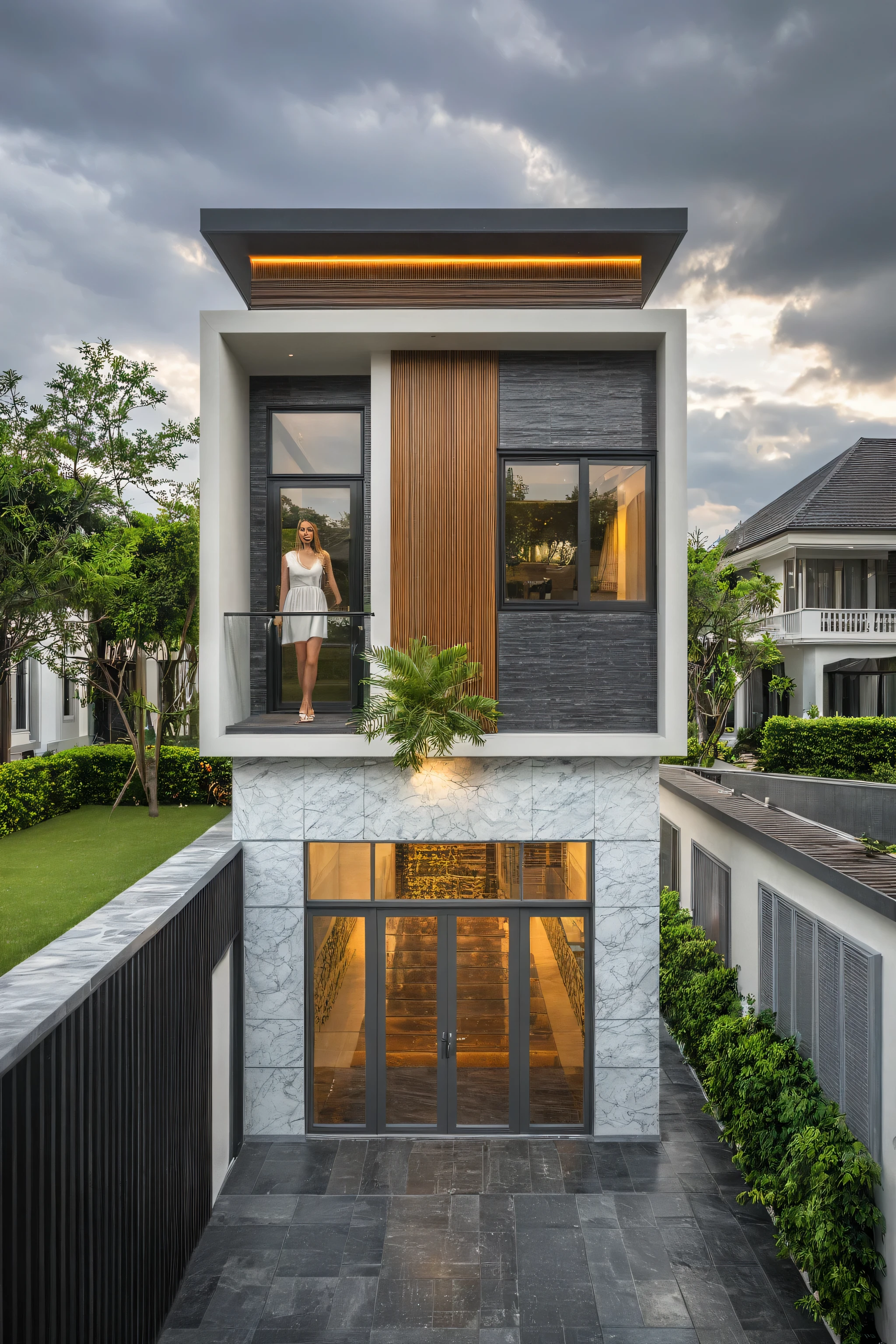 modern villa on street, (overcast lighting:1.2), tropical tree, vivid color, streetcapes, nice sky, grey and wwhite tone, (large glass door:1.2), warm interior lighting, modern material, best quality, ultra realistic, masterpiece, 17ArchiAI_XL_VL-v1