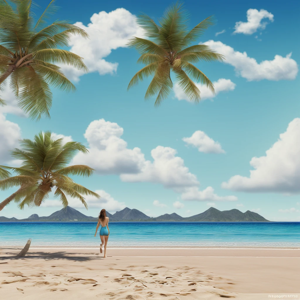 a serene beach scene, golden sand, crashing waves, blue sky, fluffy clouds, warm sunlight, palm trees swaying in the breeze, a young woman in a swimsuit walking along the shoreline, seagulls flying overhead, distant mountains, crystal clear turquoise water, (best quality,4k,8k,highres,masterpiece:1.2),ultra-detailed,(realistic,photorealistic,photo-realistic:1.37),landscape,vibrant colors,natural lighting