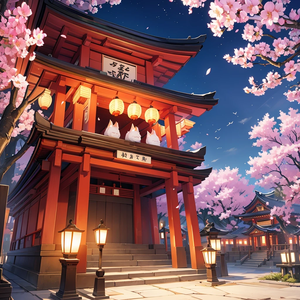 lantern festival, kitsune people releasing lanterns into the sky, shrine, there all happy, cherry blossom trees