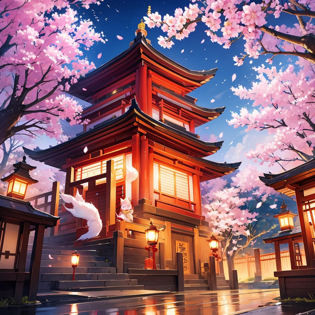 lantern festival, kitsune people releasing lanterns into the sky, shrine, there all happy, cherry blossom trees