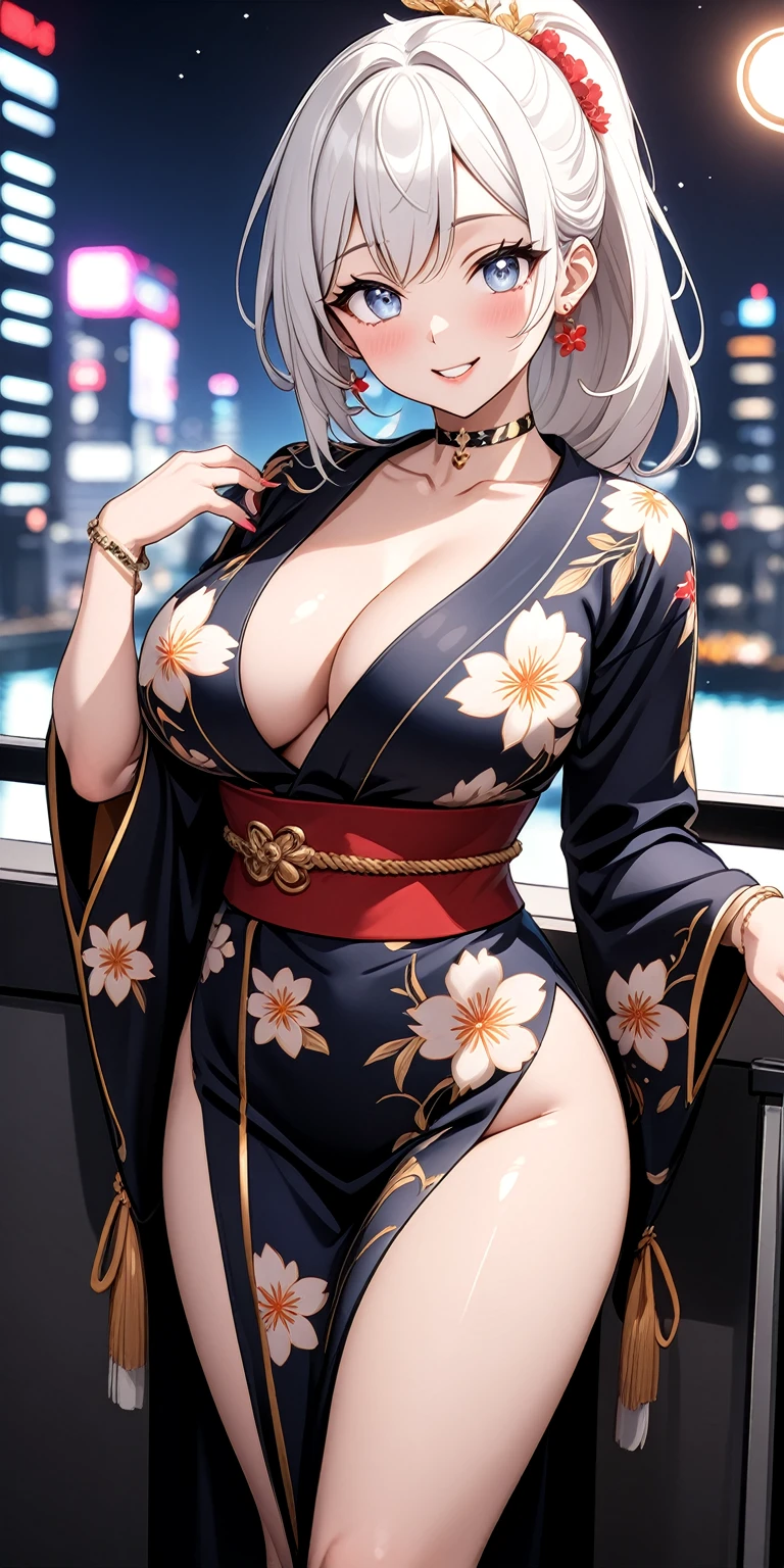 ((One personの女性)), Beautiful Face, (Laughing embarrassedly), (laugh:1.2),((Wink:1.7)), (head tilt:1.3), Laugh with your mouth wide open, upper teeth, ((waving at viewer)), ((Bright red cheeks:1.4)),Glossy Red Lips,night, Skyscraper rooftop, firework, Shining Face, ((Anime style background)),masterpiece, Highest quality, so beautiful,up to date, Complex details, (Pink long nails),(ring),(bracelet),(Floral choker),AI-generated, Complex,High resolution, Highest quality, super high quality,3D Images、3D Images,One person,Long white hair,High Ponytail, Anime woman posing for a photo,(blue eyes), ((Fine grain、Silvery white, lightly pigmented eyes、Shining Eyes:1.4)), (Squint your eyes:1.1), a hyperRealistic , hyperRealistic , Realistic,Anime woman with long white hair, Smooth anime CG art, A woman in a colorful kimono with gold embroidery, (Black long sleeve kimono),Red floral pattern,(Black high heel sandals), Long flower hair ornament,Floral Earrings,Mature Body,(Big Breasts:1.1),Tall,Abdominal muscles,Tight waist, (face focus:1.2), ((pigeon toed:1.4)), (front view),