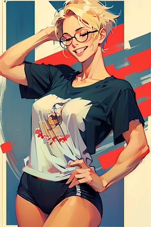 Getting ((aroused:1.1)), ((closed eyes, moan)). Athletic blonde woman, (short hair), tomboy, cute, ((smile)), Reading glasses, t-shirt, panties, very light makeup.