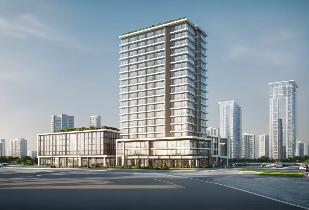 (masterpiece, best quality:1.2), rendering of a modern office building with a large sign on the top, (landscape), (city) , shophouse, modern lush condo as shopfront, wide angle exterior 2022, photo from 2022, full building, architectural rendering, mantra rendering, precise architectural rendering, residential, full - view, realistic building, realistic architecture