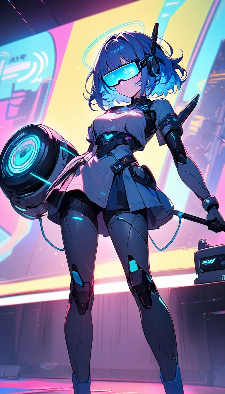 1 beautiful single girl, fluffy, blue hair, glowing wire, VR glasses, mixed with sci-fi and neon tones. Behind it is a robot with neon lights. The background image is a large robot, clearly visible. ,on stage,playing electric drums