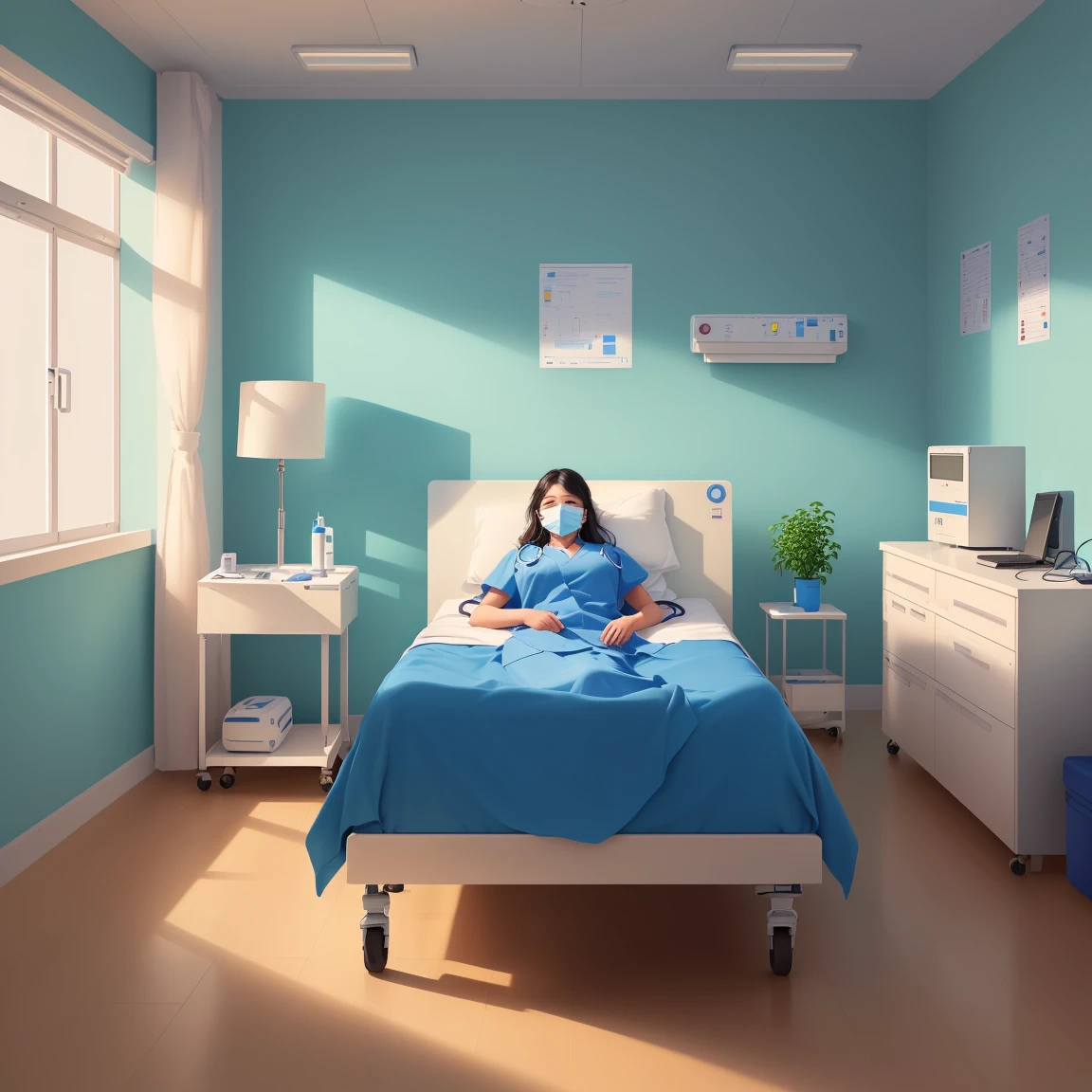 一位doctor站在一名女人旁边，Patient lying in bed， in a Hospital bed, medical doctor, Flat illustration, Hospital background, in Hospital bed, doctor, Hospital room, medical background, Nursing, health care worker, Medical imaging, digital Medical equipment, colorful Medical equipment, Medical equipment, medical illustration, health care, Clean medical environment, Medical drawing, Hospital, Hospital ward