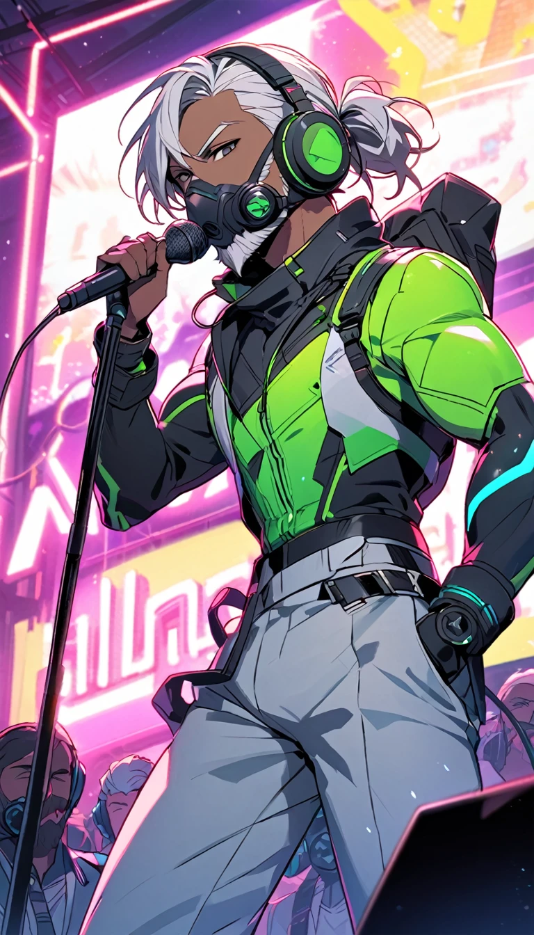 Handsome, single, muscular, with clear wash marks, male, black eyes, beard, hair tied into a bun, dark skin, white hair, headphones, neon-colored sci-fi robot suit. Mixes sci-fi and neon tones. Behind it is a robot with neon lights. In the background, a large robot was clearly singing on stage. Wear a gas mask, a neon shirt, and hold a cool microphone. and sing on stage Wear a gas mask.