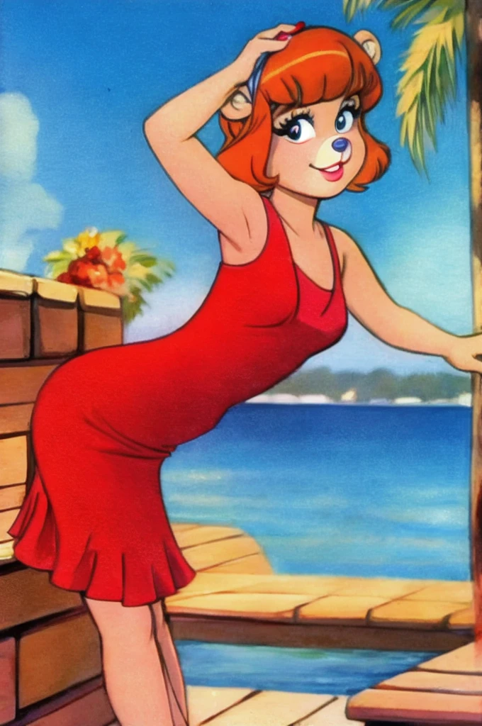 fashionable 60s young lady bear, red_dress, girlfriend, wife, cute pose