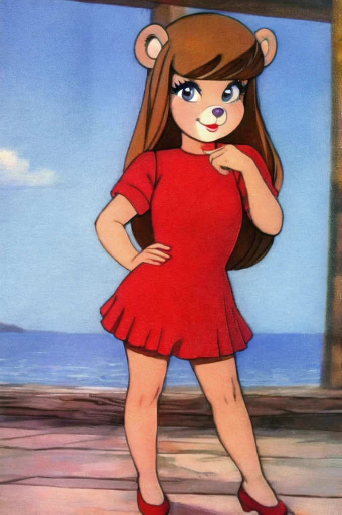 fashionable 60s young lady bear, red_dress, girlfriend, wife, cute pose