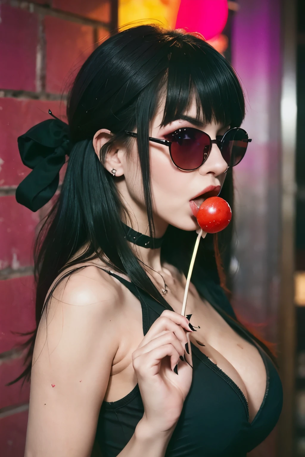 (work of art, best qualityer:1.2), 1 girl, standing alone, high qualiy raw photograph of a young (((goth girl, licking a red lollipop ,holding lollipop on hand))) , ((cut hair with bangs)), boobs, Hot girl, sexy, sensual, vibrant neon colors, cool sunglasses, silhuette, gazing at viewer, praise, ultra HD, precise, texturized skin, super detaill, High details, high qualiy, high resolution, 1080P, 4K