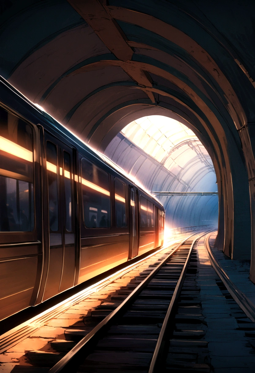Fascinating scene of a train passing through a tunnel, Create a dynamic and energetic atmosphere with vibrant beams of light...