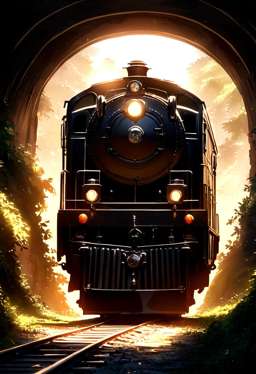 Fascinating scene of a train passing through a tunnel, Create a dynamic and energetic atmosphere with vibrant beams of light...