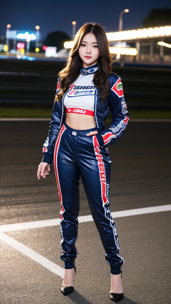 girl 18-year-old Hairstyle Casual, wearing racing suit on race track at night