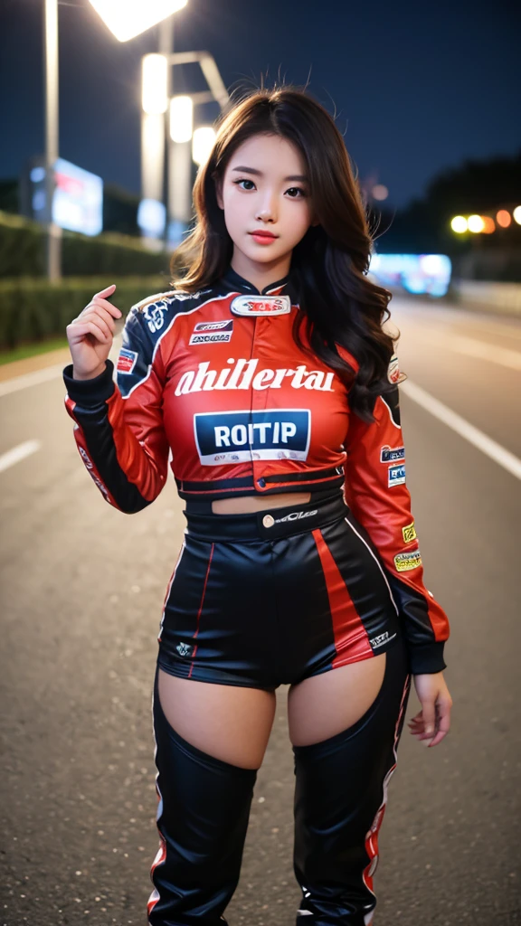 girl 18-year-old Hairstyle Casual, wearing racing suit on race track at night