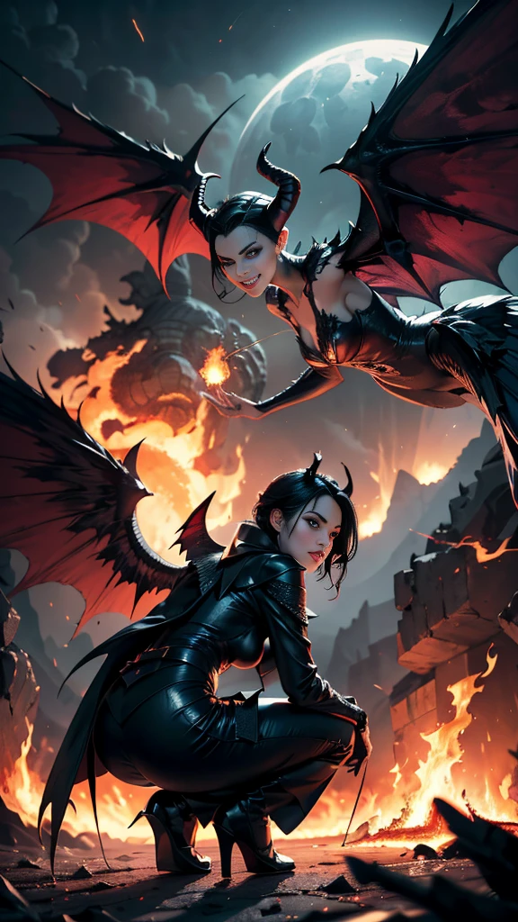 Beautiful woman, black hair, fallen angel on her knees, big black wings in the upper back, 8k, ultra realistic, apocalyptic landscape, very dark atmosphere, hell, lava, fire, maleficent, (cracked skin revealing the fire below)), evil smile, sparks