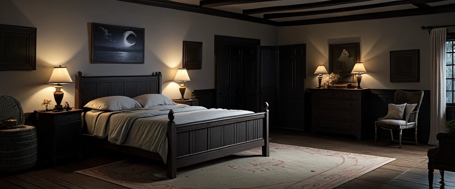 Render a simple bedroom featuring a colonial-style bed at night. The room should have basic colonial architectural elements such as wooden beams and paneled walls. The bed should have a plain wooden frame with minimal carvings, dressed with simple linens and pillows. Include a basic bedside table with an old-fashioned lamp, casting eerie shadows. The window should have traditional wooden shutters, slightly ajar to let in a sliver of moonlight. The overall color palette should be dark and muted, with the soft glow of the lamp creating an ominous atmosphere. Add subtle details like a creaky wooden floor and a faint mist to enhance the spooky, nighttime ambiance. (no people, realistic, 8K)
