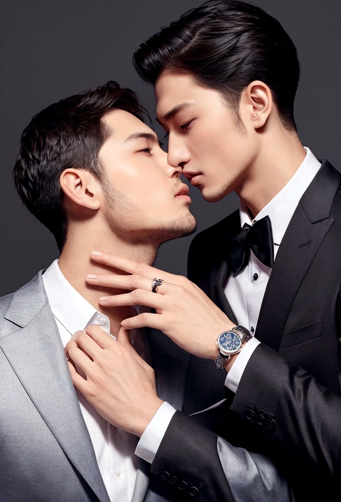 A man touching his neck with one hand、Men wear Casey、Touching neck with right hand