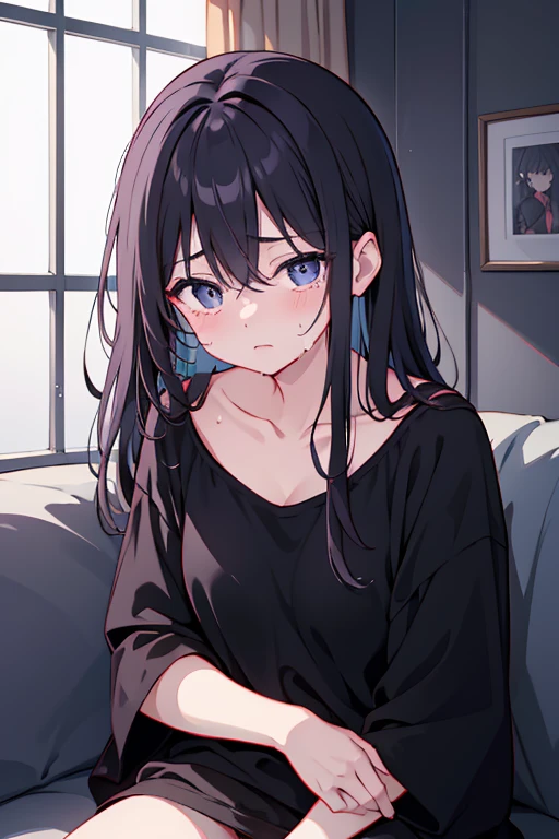 woman、18-year-old、Downer、Excessive sweating、midnight、Dark Room、Drawn face、Full of fear、Crying、cry、despair、A tragic background、despairした眼、Black, cloudy eyes、Gative Thinking、Sleepiness、Bearish、lack of sleep、Sloppy clothing、Wearing a loose T-shirt、Weak Body、Looks tired、Laziness、Leaning on the couch、Depressed、Dark atmosphere、midnight