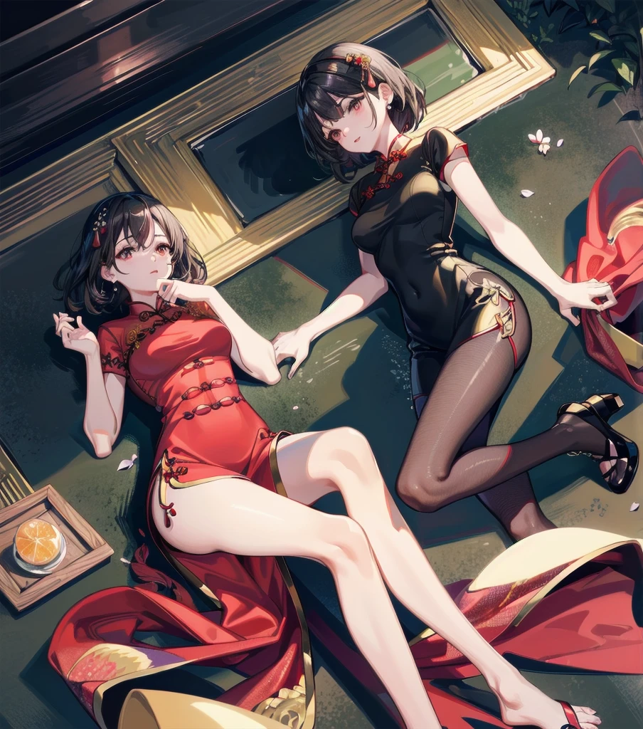 absurdres, RAW photo, extremely delicate and beautiful, masterpiece, Best Quality, ultra high resolution, 32k, hyperrealistic, ultra-detailed, Very detailed CG 8k wallpaper, Beautiful Lighting, Perfect Lightning, Realistic Shadows, perfect anatomy, super Detailed skin, perfect figure, Japanese woman, late 20s, very Slim body, narrow waist, very small head, handsome detailed woman, very detailed eyes and face, realistic face proportions, Stunning detailed eyes, Realistic beautiful face, very small face, Realistic small beautiful eyes, tearful mole, earring, beautiful and very thin legs, beautiful and very thin thighs, very huge round breasts, medium hair, black hair, (full body shot), (3girls:1.5), (yuri:1.5), (cheongsam:1.5),