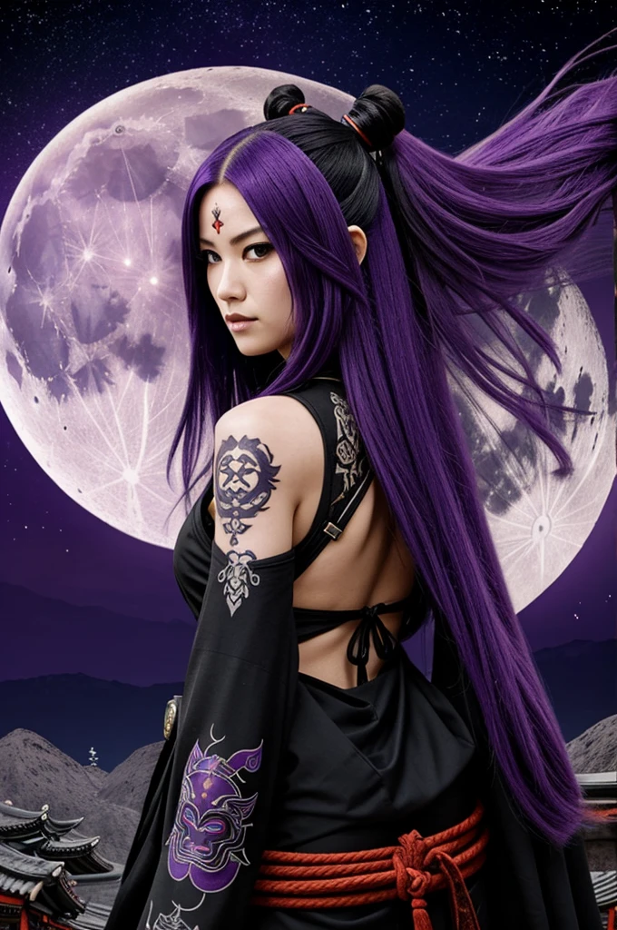 Woman with long purple hair wearing Oni mask and a black combat kimono with a samurai and a moon tattoo on its back