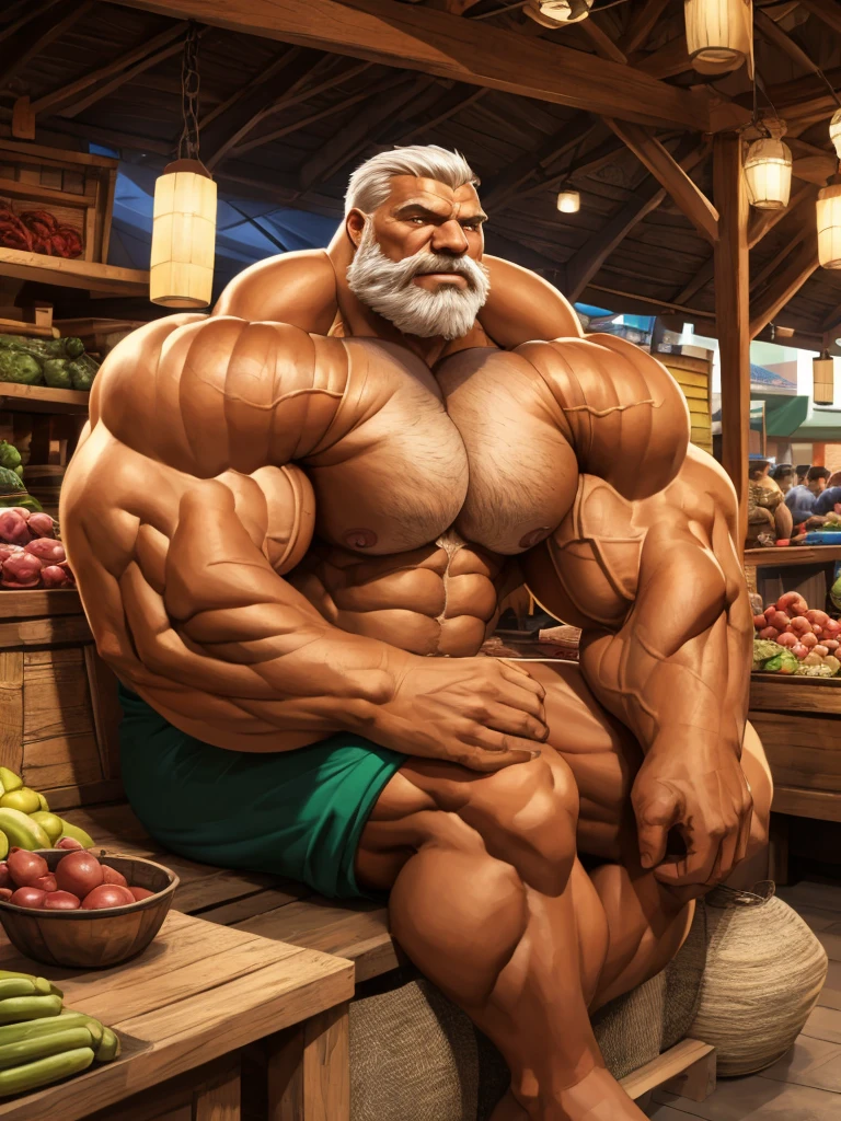 traditional market, side view, extremely huge muscular, bodybuilder, full-body, well-muscled old man, sitting. ((huge muscle size, thick arms, huge pec )). and add details to make it attractive and interesting. Add textures and details to make the image more realistic. Make sure the resulting image is high resolution, 8K quality."