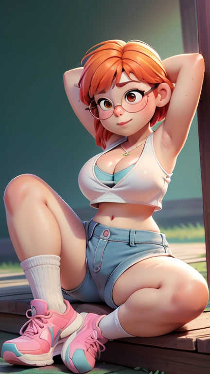 chibi, square bangs, glasses, dolphin shorts, ((underboob, ,sideboob, cameltoe)), sleeveless, low plunge top, strong sunlight, chubby body, outside, navel exposed, (cleavage:1.3), legs spread, arms up, after sex, wet clothes, white clothes, long socks, sneakers, (nipples outline), Colorful, Bright_Front_face_Lighting, (vibrant_color:1.2),
