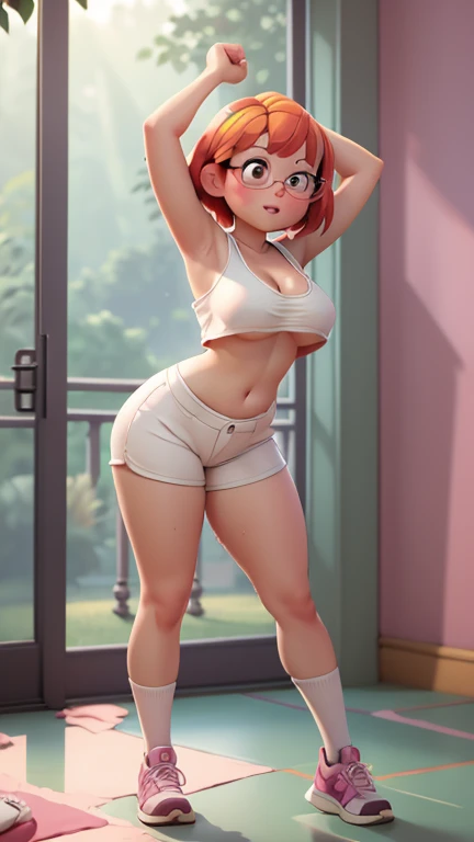 chibi, square bangs, glasses, dolphin shorts, ((underboob, ,sideboob, cameltoe)), sleeveless, low plunge top, strong sunlight, chubby body, outside, navel exposed, (cleavage:1.3), legs spread, arms up, after sex, wet clothes, white clothes, long socks, sneakers, (nipples outline), Colorful, Bright_Front_face_Lighting, (vibrant_color:1.2),
