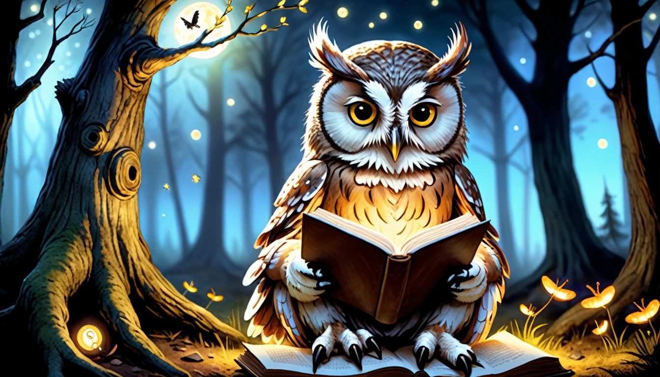 (photographic film style), anthropomorphic owl, reading a book, under a tree, quiet forest, night, glowing fireflies, 2D, colorful, warm atmosphere, glossy, Jean-Baptiste Monge style, Alan Lee style