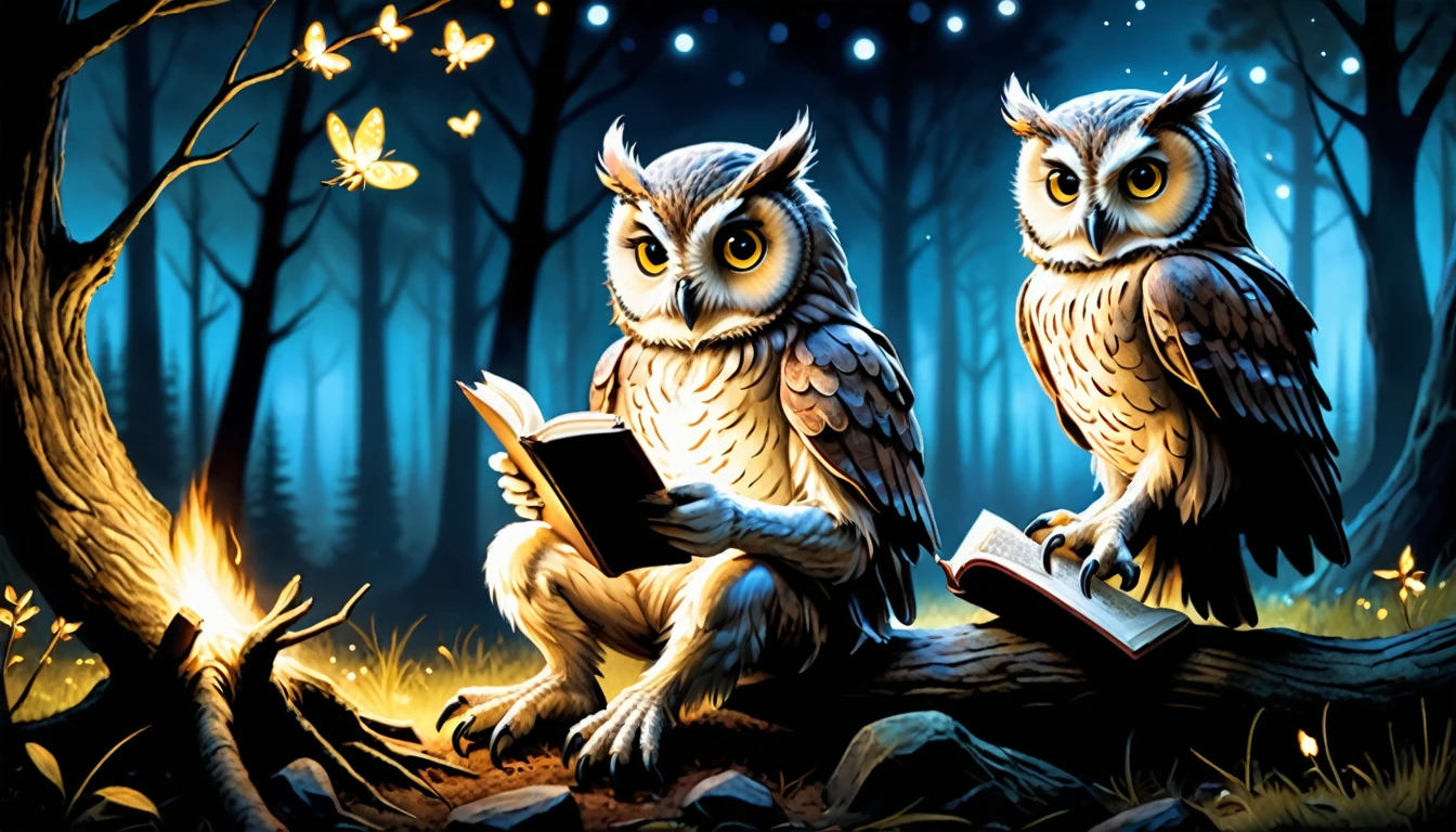 (photographic film style), anthropomorphic owl, reading a book, under a tree, quiet forest, night, glowing fireflies, 2D, colorful, warm atmosphere, glossy, Jean-Baptiste Monge style, Alan Lee style