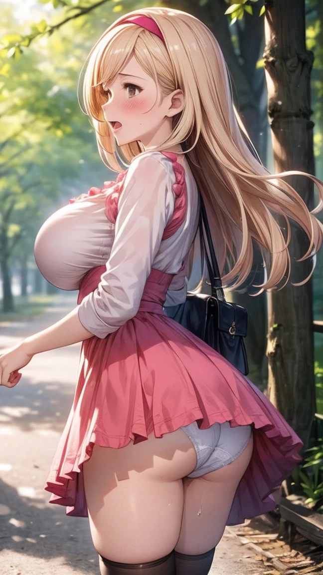 best quality,((((1girl)))),((big breasts:1.3)),curvy,((orgasm,blush:1.3)),angry,sweat,Djeeta_a,blonde hair, ((long hair:1.3)), Brien eyes, ((djeeta one piece dress,mini skirt,lift skirt,upskirt,black kneehighs,white panties,lace panties,pussy juice:1.1)),((walking:1.1)),forest,forest林,from side