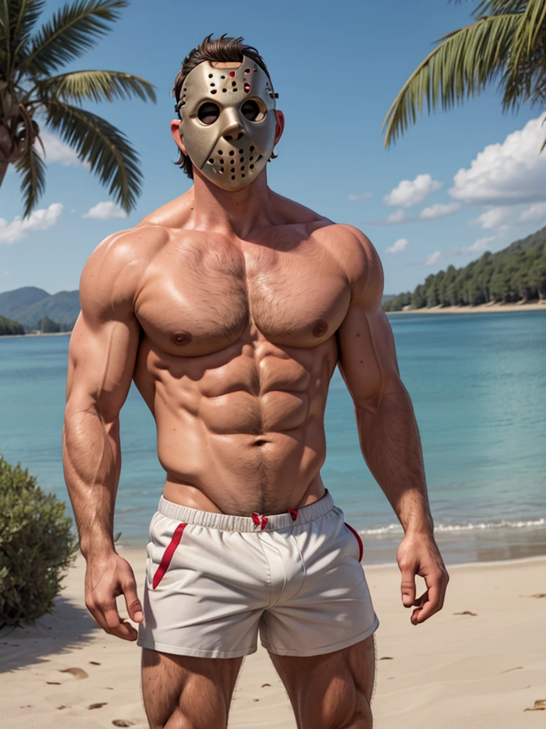 (masterpiece, 4K, ultra detailed), Jason Voorhees, tanned body, hairy, single, masculine, sunny, lake, sand shore, cartoony, realistic, single Jason's white mask, shirtless, muscular, eight-pack, red shorts, underwear