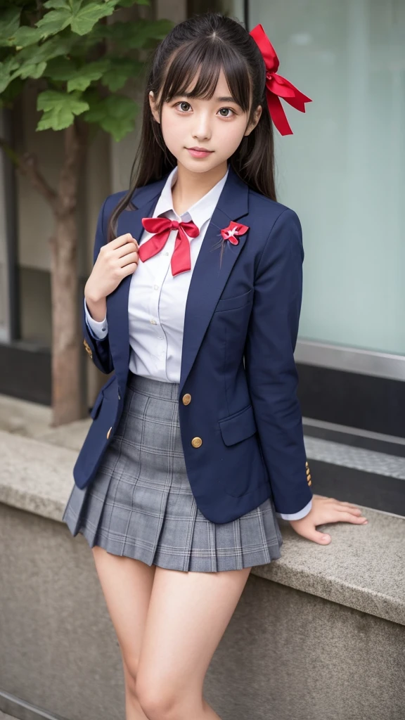 Japanese、18-year-old high school girl.Navy blue blazer uniform、Grey checked mini skirt、Red ribbon、Thick thighs