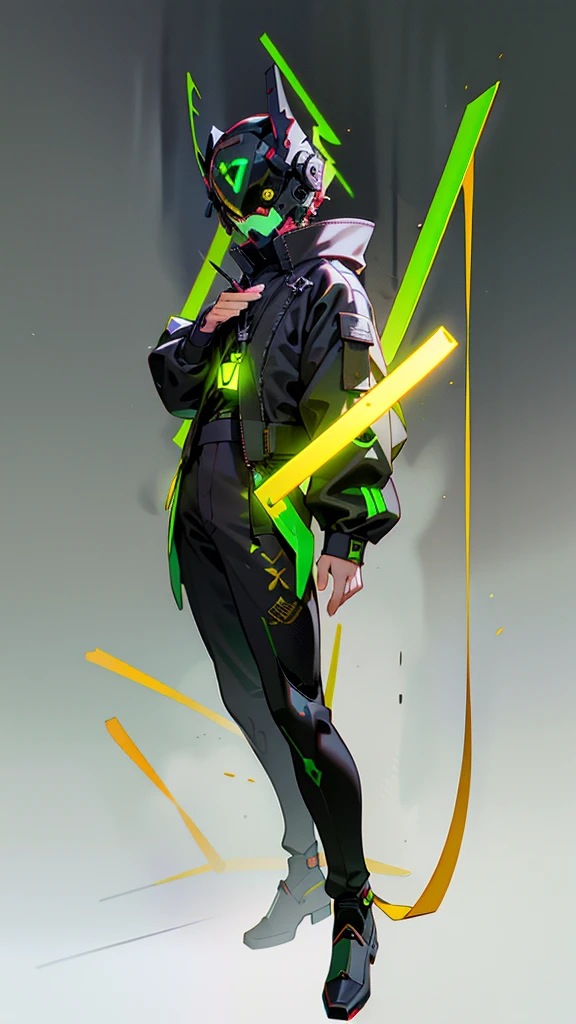 masterpiece, best quality, A close-up shot of a futuristic boy,China is black and impermanent,The traditional image of Hei Wuchang,Tradition meets modernity,Chinese style,Wearing a fantastic cyber helmet,Green triangle LED light and halo on the helmet, Wearing a black Techwear jacket with "Peace in the World" written on it, Full body white background