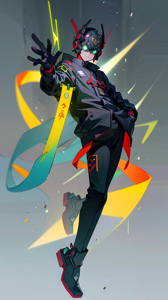 masterpiece, best quality, A close-up shot of a futuristic boy,China is black and impermanent,The traditional image of Hei Wuchang,Tradition meets modernity,Chinese style,Wearing a fantastic cyber helmet,Green triangle LED light and halo on the helmet, Wearing a black Techwear jacket with "Peace in the World" written on it, Full body white background