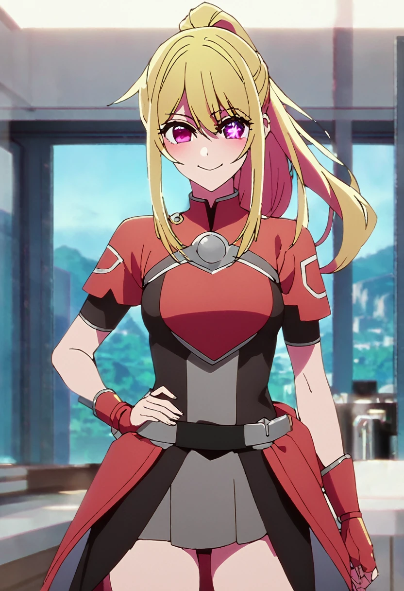 Blonde、Highest quality、high resolution、8K,Highest quality、Star-shaped pupil、The best smile、long hair、Pink Eyes、ponytail、Cowboy Shot、One person、Brave Cosplay